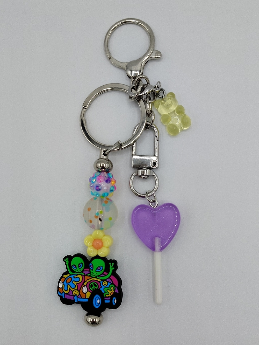Handcrafted Cute Purple Heart Lollipop Keychain/ Bag Charm w/ Colorful Beads